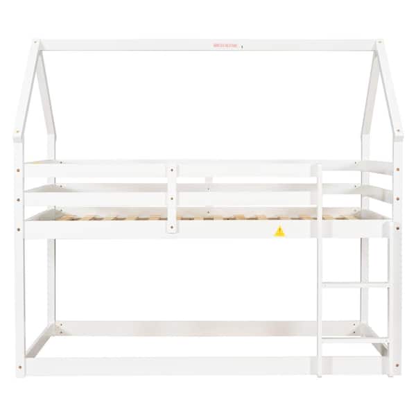 URTR Twin Over Twin Size Wooden White Bunk Bed with Roof and Ladder, House Bunk Bed Frame for Kids, No Box Spring Required