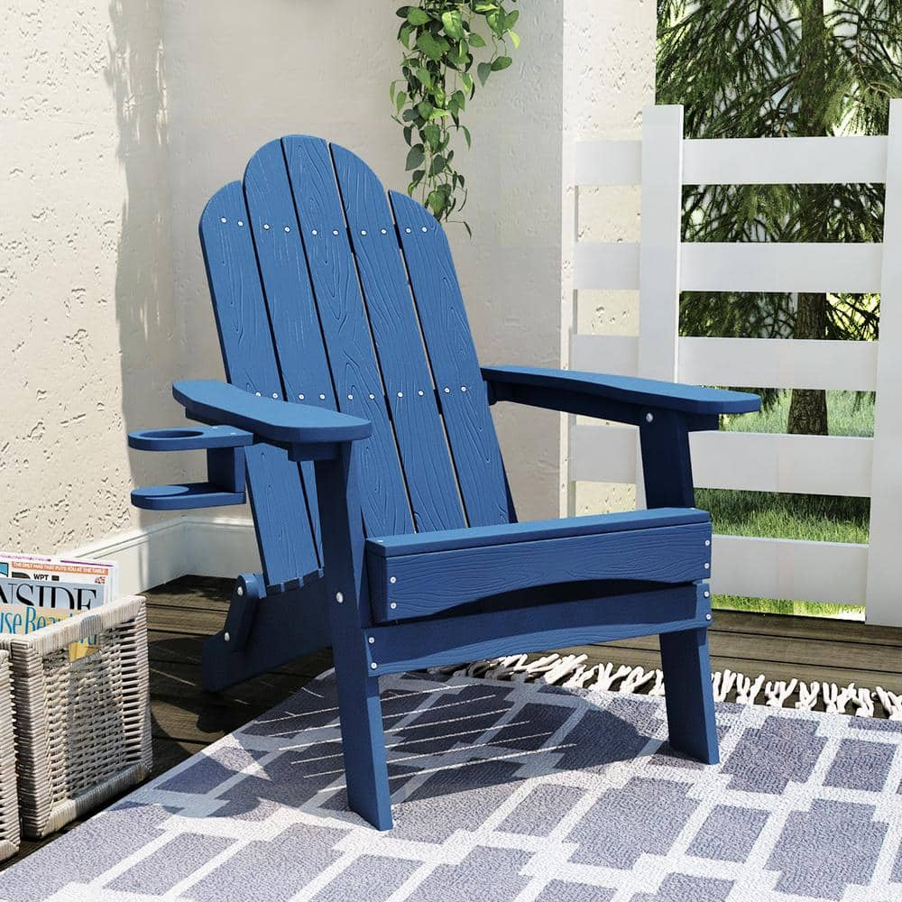 LUE BONA Foldable Plastic Outdoor Patio Adirondack Chair with Cup Holder For Garden Backyard Firepit Pool Beach Blue DPTHD23004 6 The Home Depot