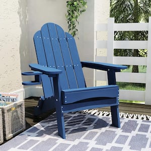 Foldable Plastic Outdoor Patio Adirondack Chair with Cup Holder For Garden/Backyard/Firepit/Pool/Beach-Blue