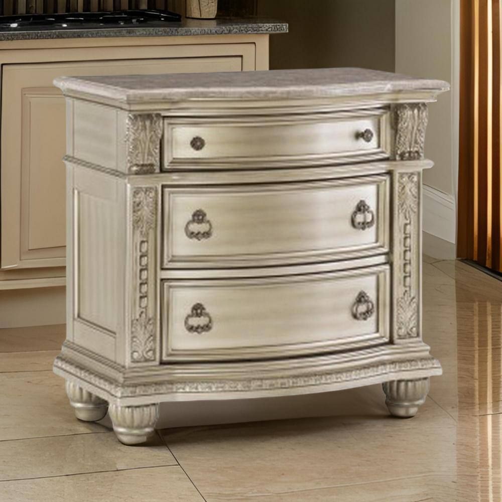 Caitlin Silver 35 Inch 3 Drawer Nightstand with Marble Top