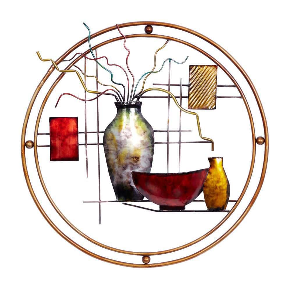 Industrial Multicolor Metal Wall Sculpture with Vase Details