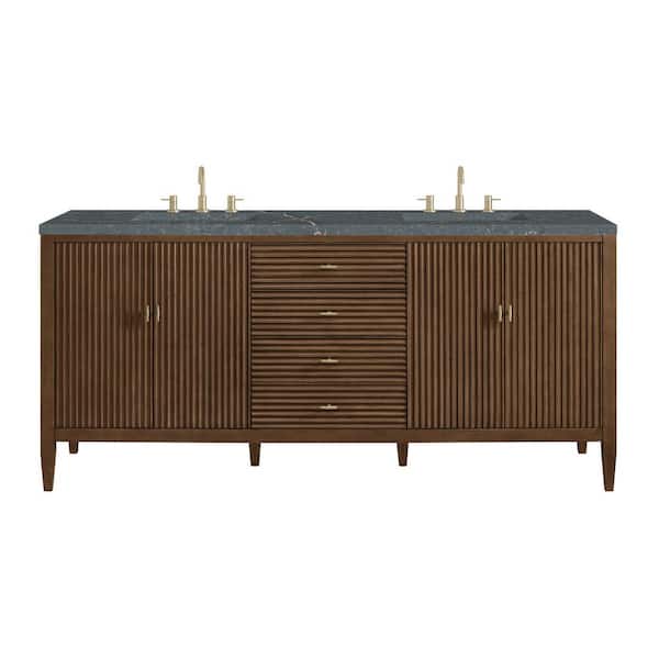 James Martin Vanities Myrrin 72.0 in. W x 23.5 in. D x 34.06 in. H Double Bathroom Vanity in Mid-Century Walnut with Parisien Bleu Quartz Top