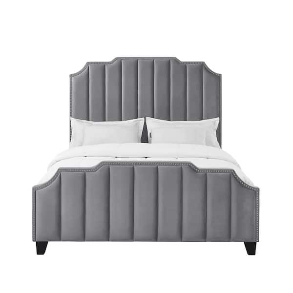 Inspired Home Aizen Gray Bed Frame Material Wood King Size Platform Bed with Upholstered Velvet Features
