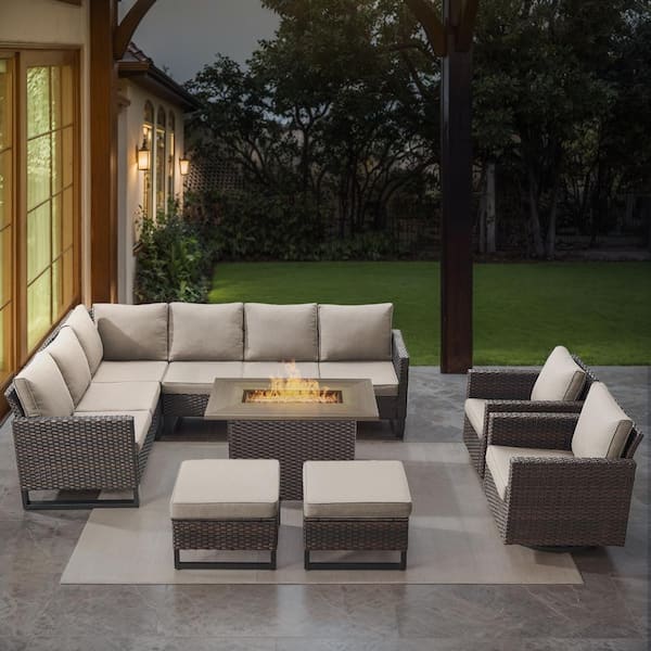 U-Weave 8-Piece Brown Wicker Outdoor Rectangular Fire Pit Conversation Set with Beige Cushions and Sectional Sofa