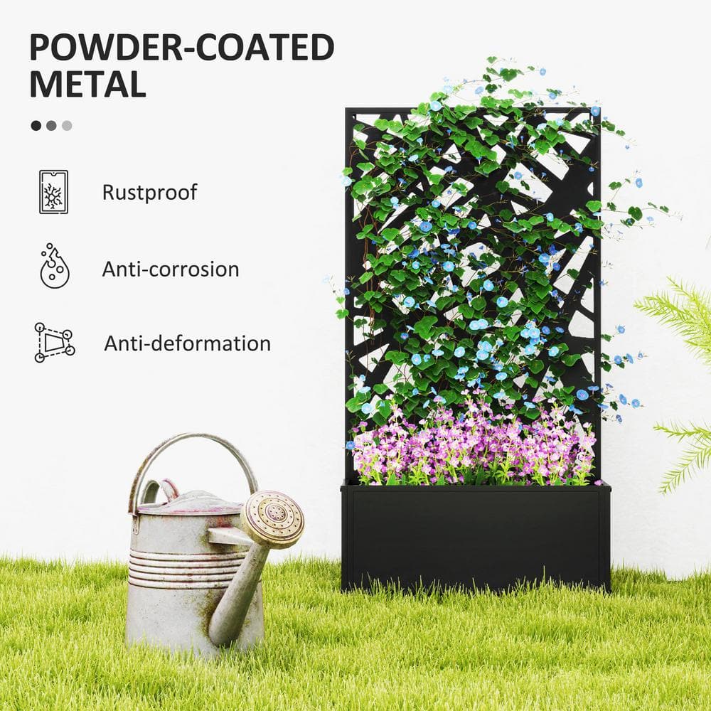 Black Metal Raised Garden Bed with Decorative Trellis Screen