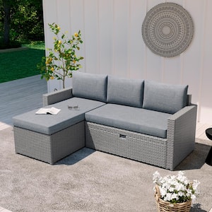 Sanya 3-Piece Wicker in Gray Patio Conversation Set with Gray Cushions
