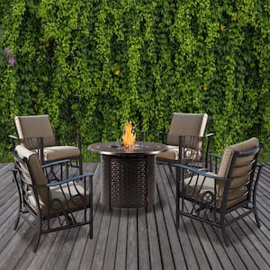 Bronze 5-Piece Aluminum Patio Fire Pit Deep Seating Set with Beige Cushions