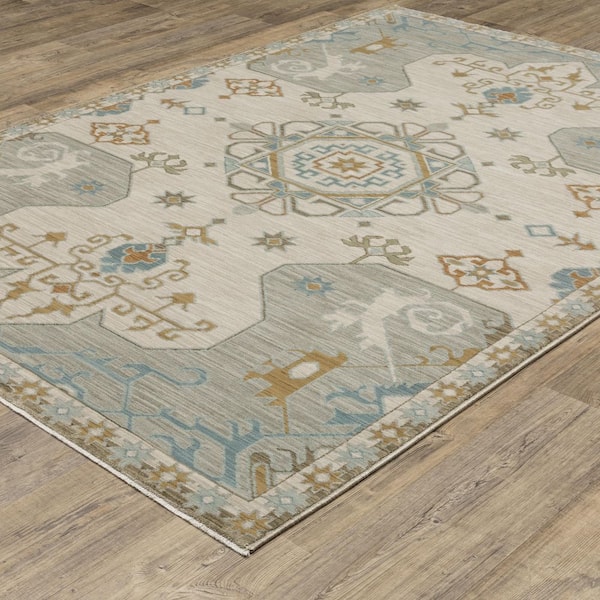 Maco Beige/Gray 10 ft. x 13 ft. Floral Southwest Medallion Polypropylene Fringe-Edge Indoor Area Rug