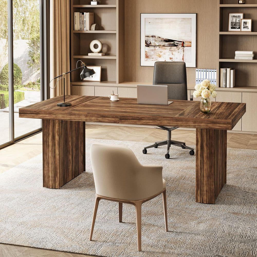 Moronia 63 in. Rectangle Rustic Brown Wood Executive Desk with Spacious Desktop, Large Home Office Desk with Fluted Line