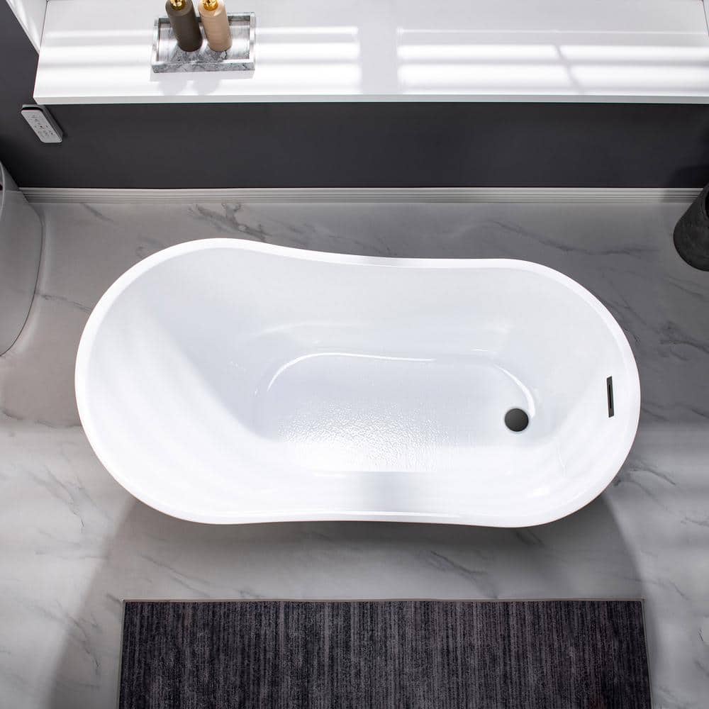 54" White Acrylic Freestanding Slipper Soaking Tub with Matte Black Trim