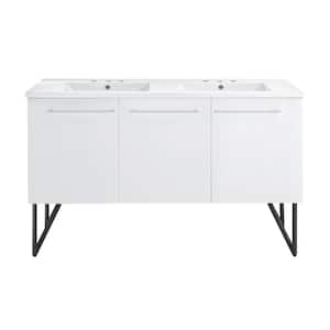 Annecy 60 W in. White, Double Basin Bathroom Vanity with White, 3-Hole Artificial Stone Sink Top