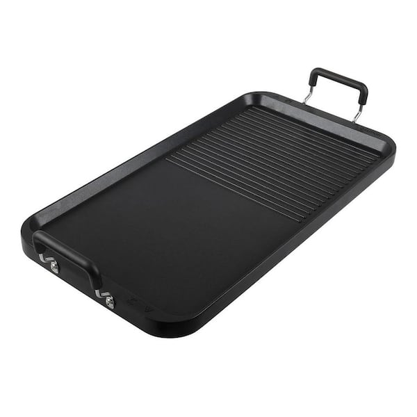 Black Non-Stick Aluminum Anti-Warp Double Burner Griddle Pan with Reinforced Ribs and Ceramic Coating for Gas Electric