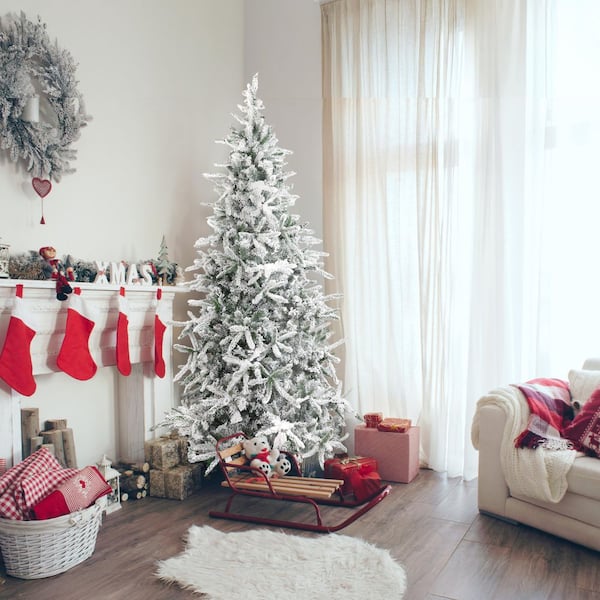 7.5-ft. Pre-Lit Mountain Pine Snow Flocked Artificial Christmas Tree, Multi-Color LED Lights