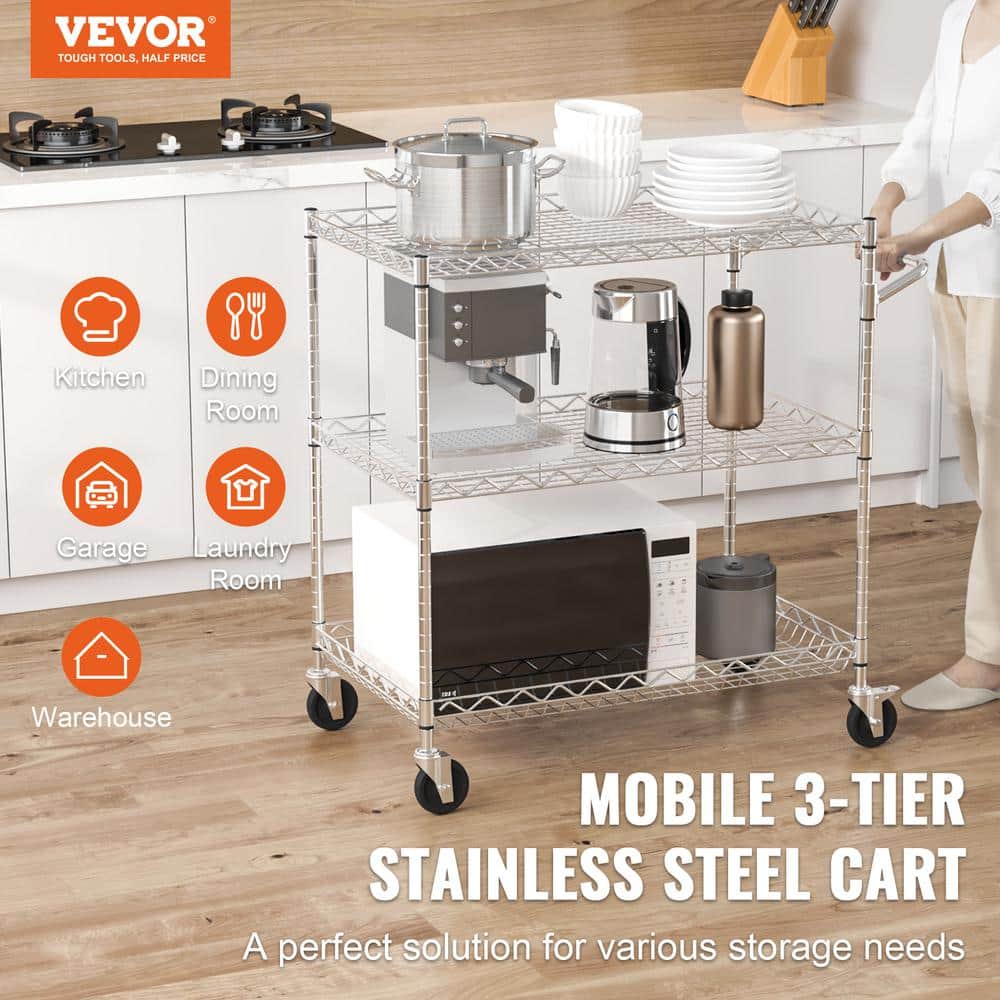 Silver 3-Tier Steel Utility Cart with Hooks and Wheels