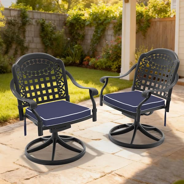 Black 2-Piece Cast Aluminum Outdoor Swivel Rocking, Patio Swivel Dining Chairs High Back with Blue Cushion For Backyard