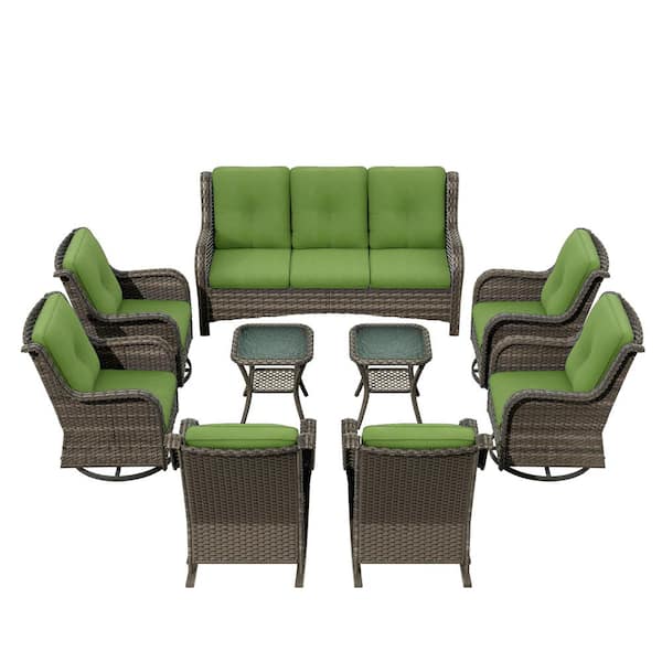 Patio Furniture Set 9 Pieces Outdoor Wicker Sectional Sofa with Green Cushions