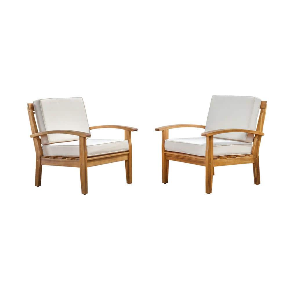 Teak Wood Coastal Lounge Chairs with Beige Water-Resistant Cushions (Set of 2)
