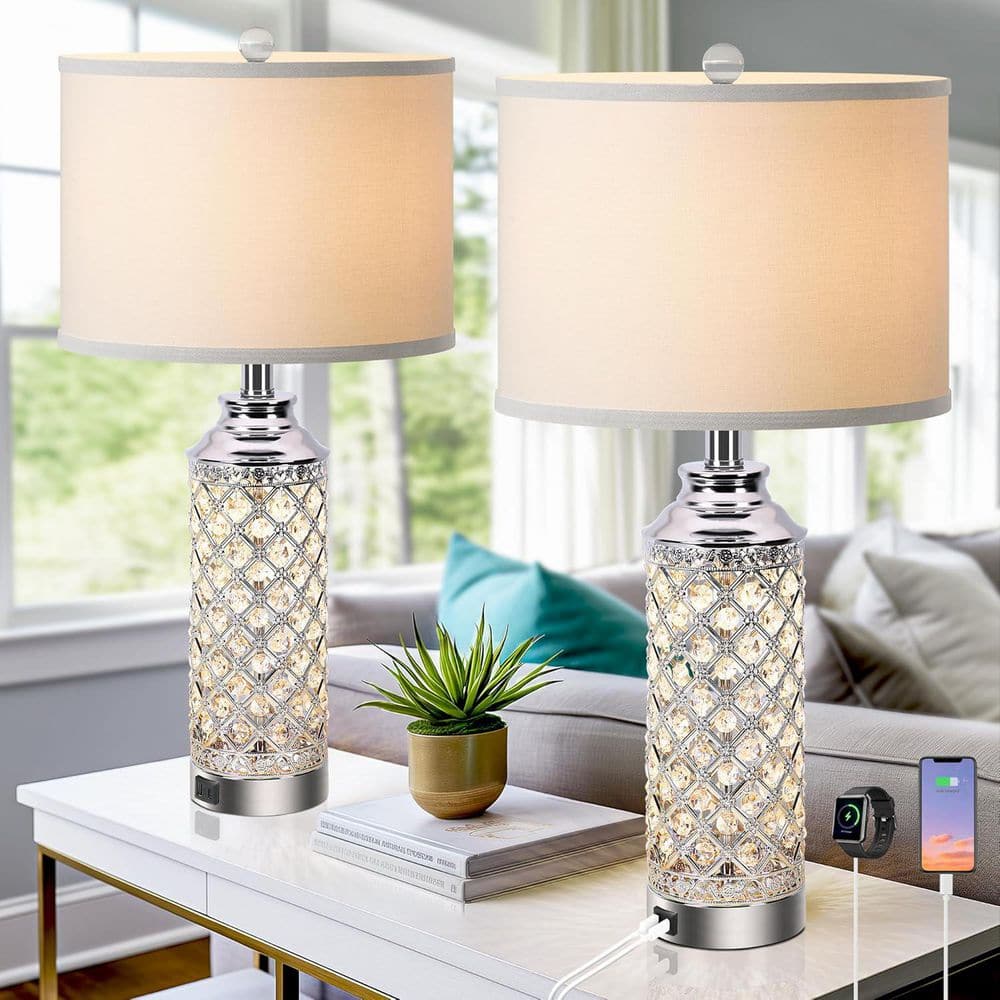 24 in. Silver Crystal Nightstand Lamp with USB A+C Charging Ports  (Set of 2) price history on PriceWatchPro