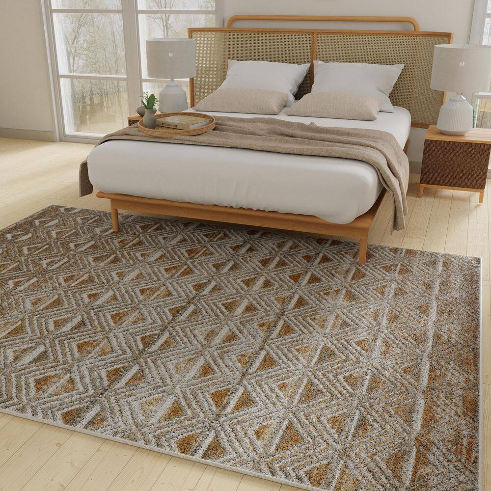 Beige and Yellow Geometric 2' x 3' Synthetic Area Rug