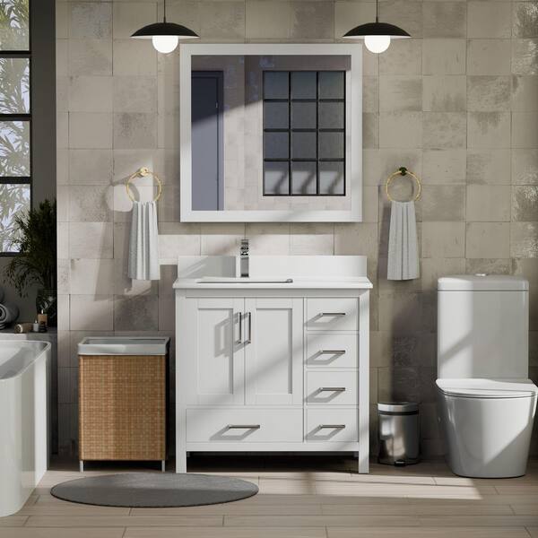 Jacques 36 in. W x 22 in. D Left Offset White Bath Vanity, Cultured Marble Top, and Faucet Set