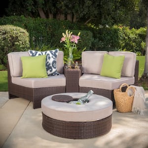 4-Piece Faux Rattan Outdoor Patio Sectional Seating Set with Textured Beige Cushions