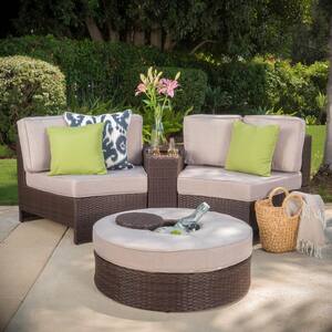 4-Piece Plastic Patio Sectional Seating Set with Textured Beige Cushions