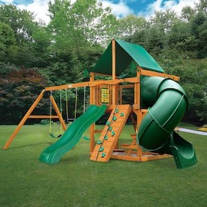 Mountaineer Wooden Outdoor Playset with Green Vinyl Canopy, 2 Slides, Rock Wall, and Backyard Swing Set Accessories
