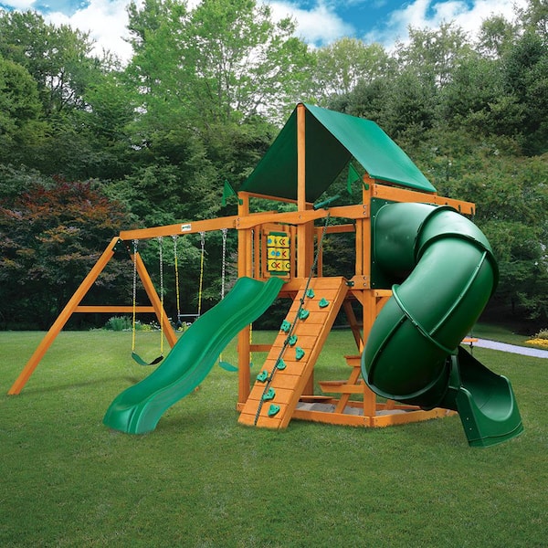 Gorilla Playsets Mountaineer Wooden Outdoor Playset with Green Vinyl Canopy, 2 Slides, Rock Wall, and Backyard Swing Set Accessories