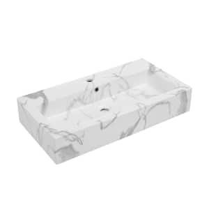 Voltaire Wide Rectangle Wall Hung Bathroom Sink in White Marble
