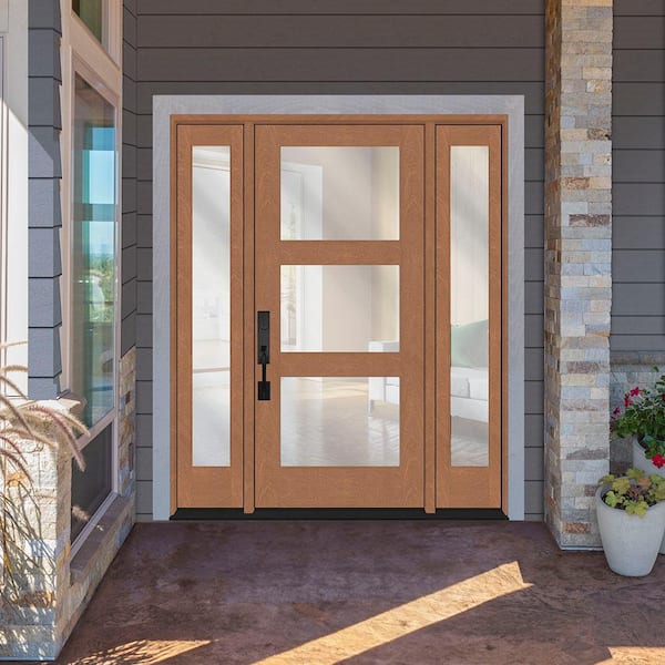 Regency 64 in. x 80 in. Modern 3-Lite Clear Glass RHIS AutumnWt Mahogany Fiberglass Prehung Front Door w/Dbl 12 in. SL