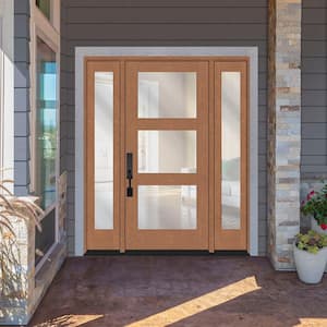 Regency 68 in. x 80 in. Modern 3-Lite Equal Clear Glass RHIS AtmWht Mahogany Fiberglass Prehung Front Door DBL 14 in. SL