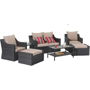 Black 8-Piece Wicker Outdoor Sectional Set with Tan Cushions and Glass Table