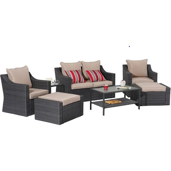 Cesicia Black 8-Piece Wicker Outdoor Sectional Set with Tan Cushions and Glass Table