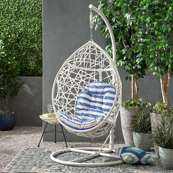 Noble House Burchett White Removable Cushions Metal and Faux Rattan Outdoor Patio Lounge Chair with Blue and White Cushion 83259 The Home Depot