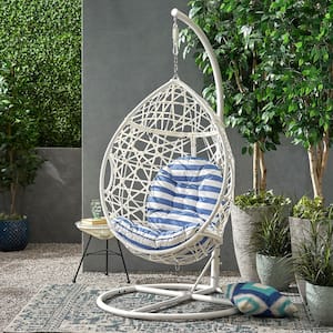 Burchett White Removable Cushions Metal and Faux Rattan Outdoor Lounge Chair with Blue and White Cushion