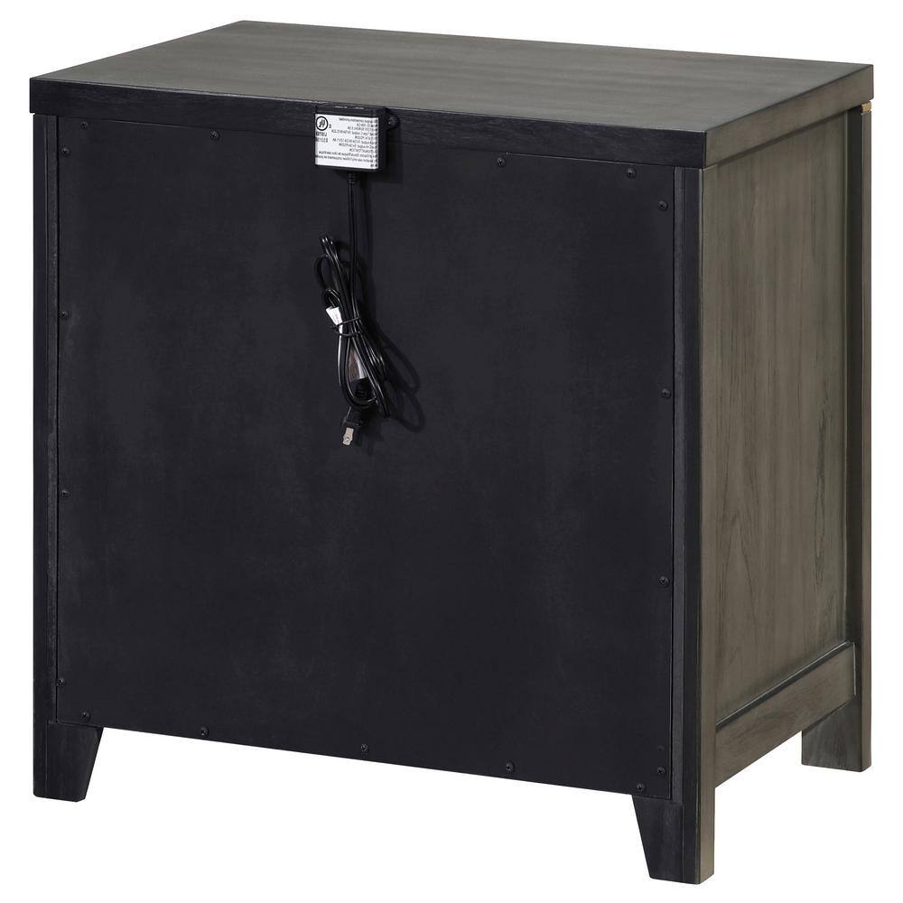 Gray Pine Transitional 2-Drawer Nightstand with Brass Accents