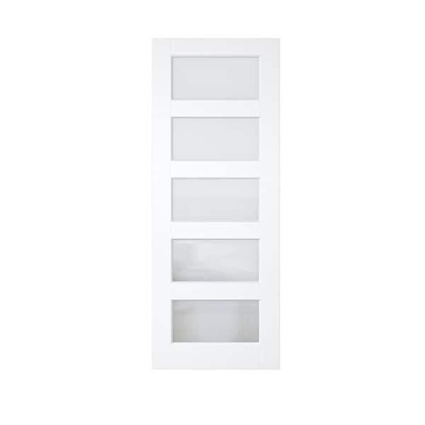 ARK DESIGN 28 in. x 80 in. Solid Core 5-Lite Tempered Frosted Glass White Primed MDF Interior Door Slab