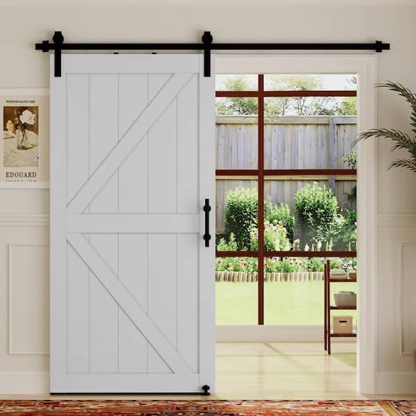 34 in. x 84 in. K Style White MDF Sliding Barn Door Slab with Hardware Kit (with Round Tube Handrail and Sway Stop)