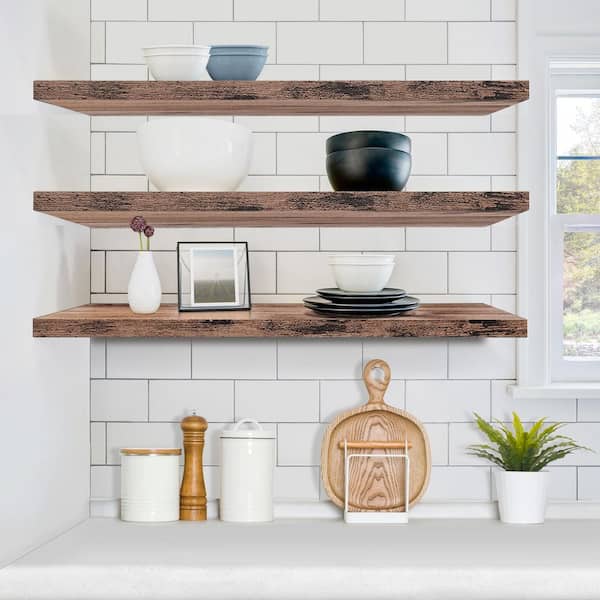 3 Pack Long Floating Shelves for Wall, 35 in. W x 9 in. D Mahogany Wood Decorative Wall Shelf, Wall Mounted Home Decor