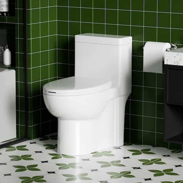 1-Piece 1.28 GPF Single-Flush Elongated Toilet with Side Lever in Gloss White with Soft Close Seat