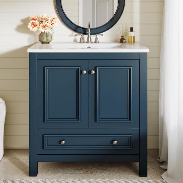 30 in. Single Sink Freestanding Blue Bath Vanity with White Ceramic Top Unassembled