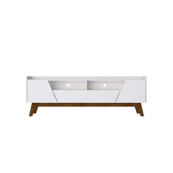 Manhattan Comfort Marcus White Mid-Century Modern TV Stand Fits TVs Up to 70 in. with Solid Wood Legs