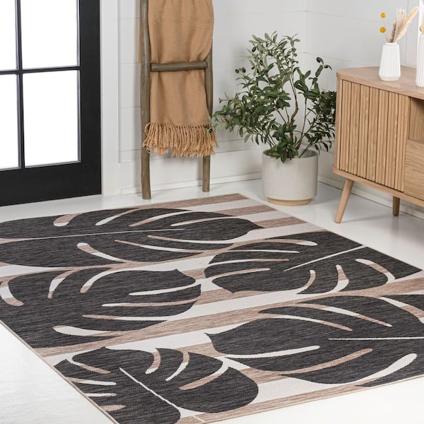 Allison Classic Beach Stripe and Monstera Leaf Black/Beige 3 ft. x 5 ft. Indoor/Outdoor Area Rug