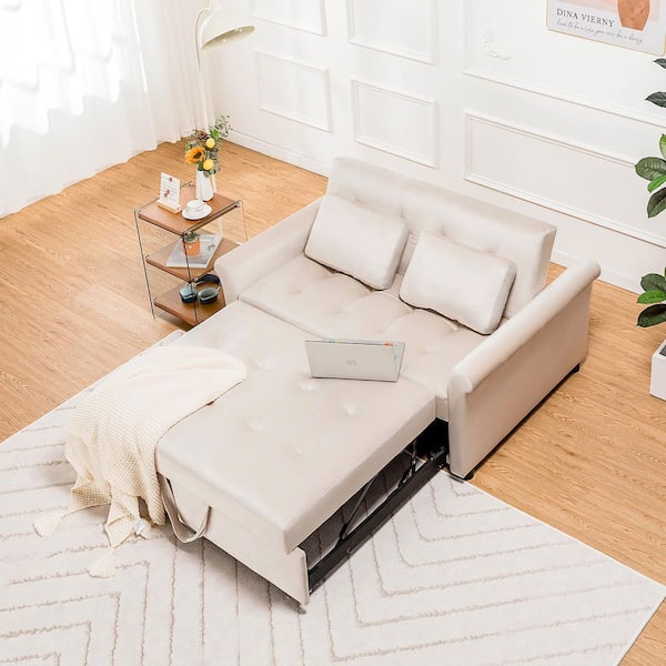55 in. White Full Sleeper Sofa Bed 3-in-1 Velvet Pull Out Couch w/ Adjustable Backrest,Pillow Convertible Sleeper Couch