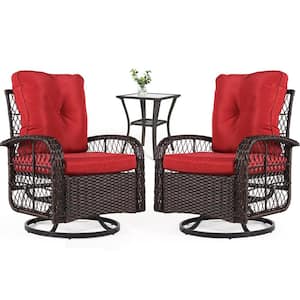 3-Piece Brown Wicker Outdoor Rocking Chair Set Outdoor Swivel Chairs with Red Cushions