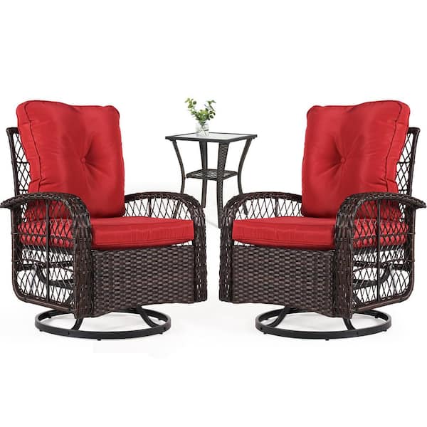 Sizzim 3-Piece Brown Wicker Outdoor Rocking Chair Set Outdoor Swivel Chairs with Red Cushions