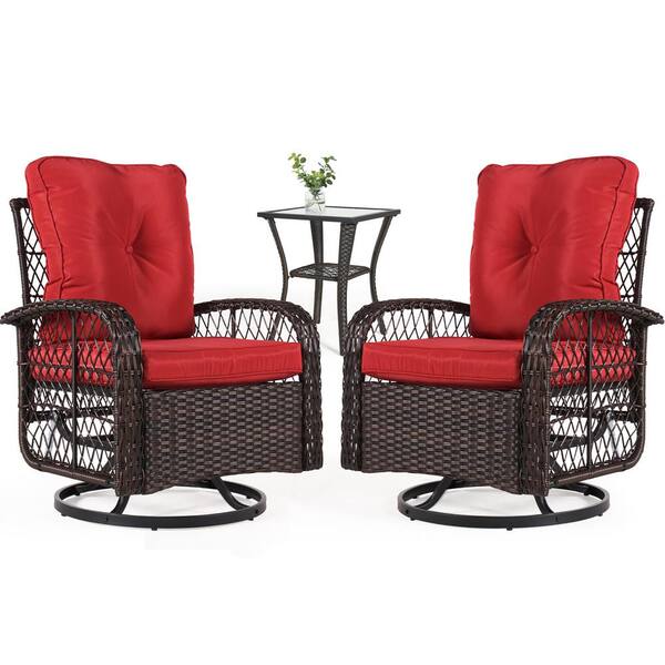 Sizzim 3-Piece Brown Wicker Outdoor Rocking Chair Set Outdoor Swivel ...