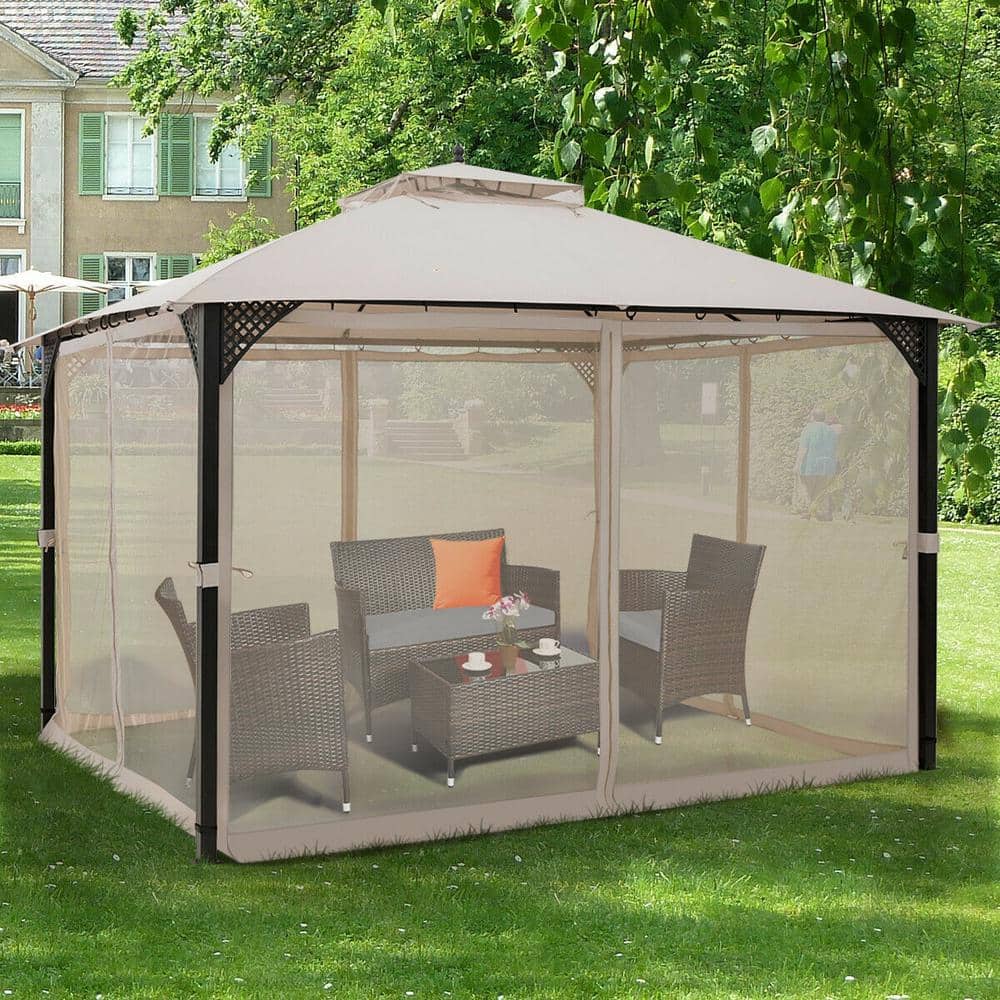 Beige 12' x 10' Steel Frame Patio Gazebo with Netting