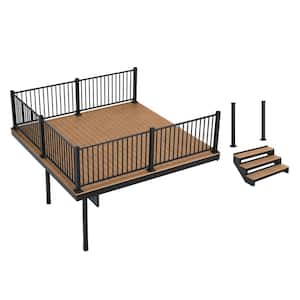 Apex Attached 12 ft. x 12 ft. Himalayan Cedar PVC Deck Kit and 3-Step Stair Kit with Steel Framing and Aluminum Railing