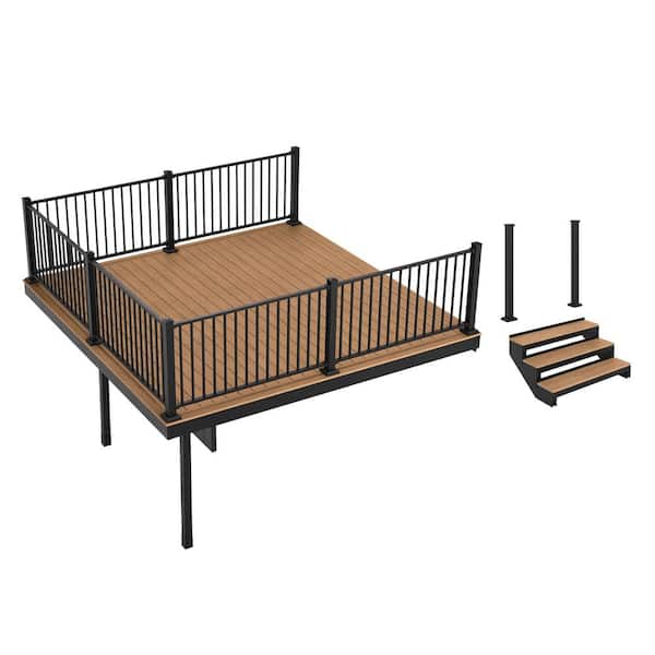 FORTRESS Apex Attached 12 ft. x 12 ft. Himalayan Cedar PVC Deck Kit and 7-Step Stair Kit with Steel Framing and Aluminum Railing